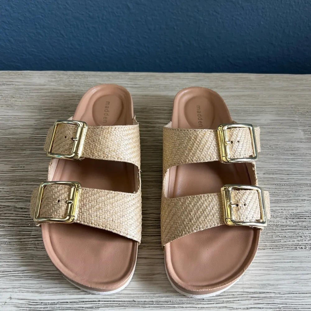 NWOT!!! Madden Girl Tan Slide Sandals with Gold Buckles - Picture 2 of 6